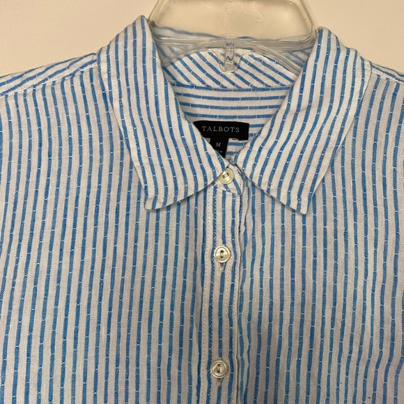TALBOTS woman's size medium M 100% linen blue white striped button top shirt - Picture 2 of 12